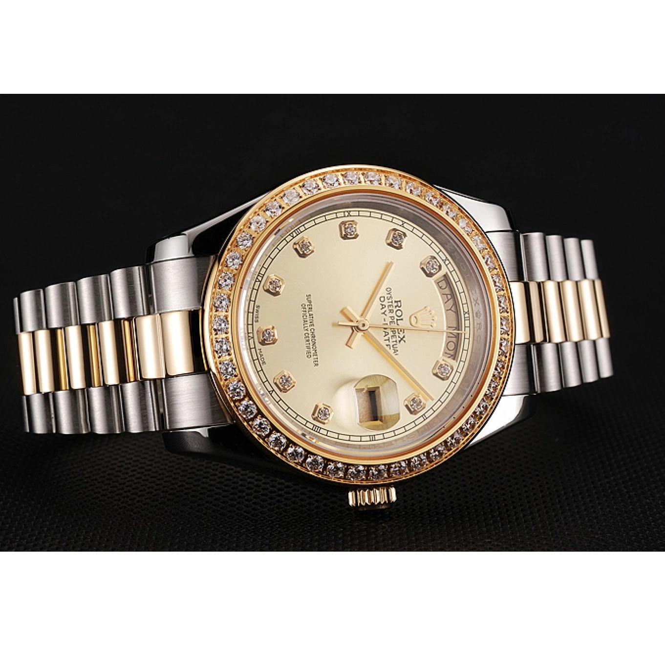 Best AAA Replica Sites Case Gold Two Dial Day-Date 1453974 Tone Bracelet Champagne Steel Stainless Diamond Rolex Swiss 0528
